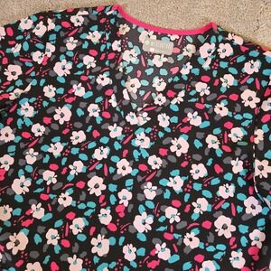 Med Couture Scrub Top Floral Womens Sz Large Black Pink Blue With Pockets